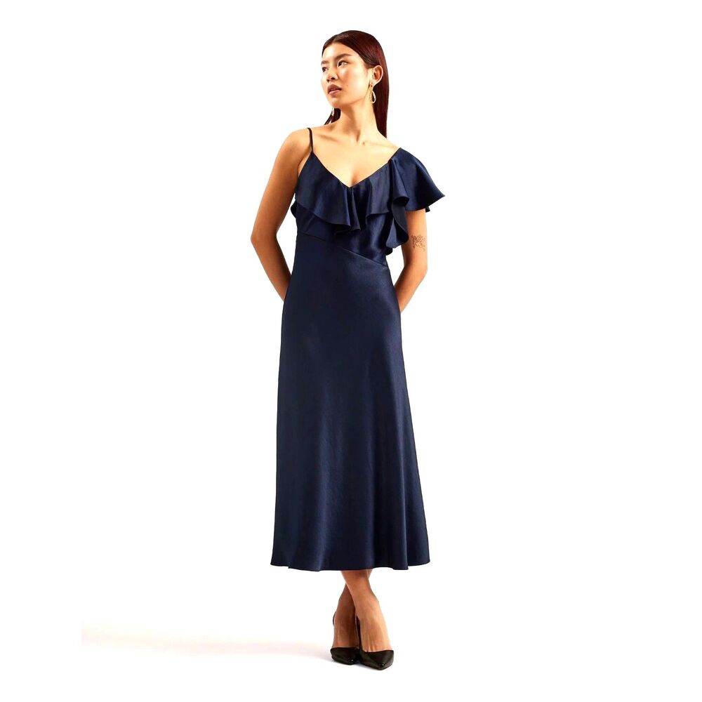 NWT Ted Baker Size 6 Keomi Navy Waterfall Ruffle Satin Bias Cut‎ Midi Dress TB 2